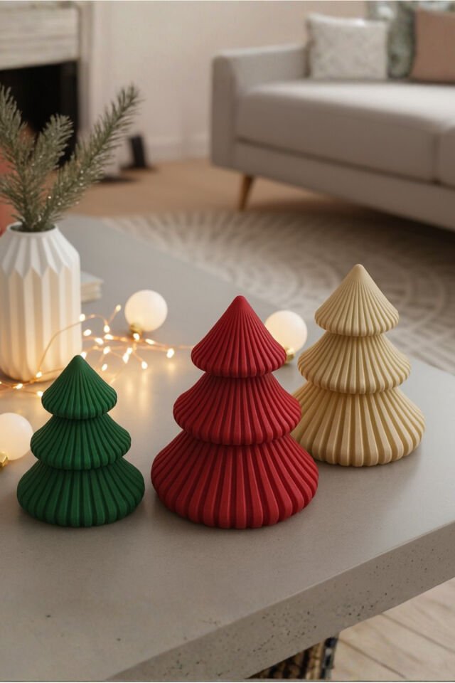 3’lü Set Yılbaşı Dekoratif Ağaç – Kırmızı Yeşil Bej Masaüstü Süs
