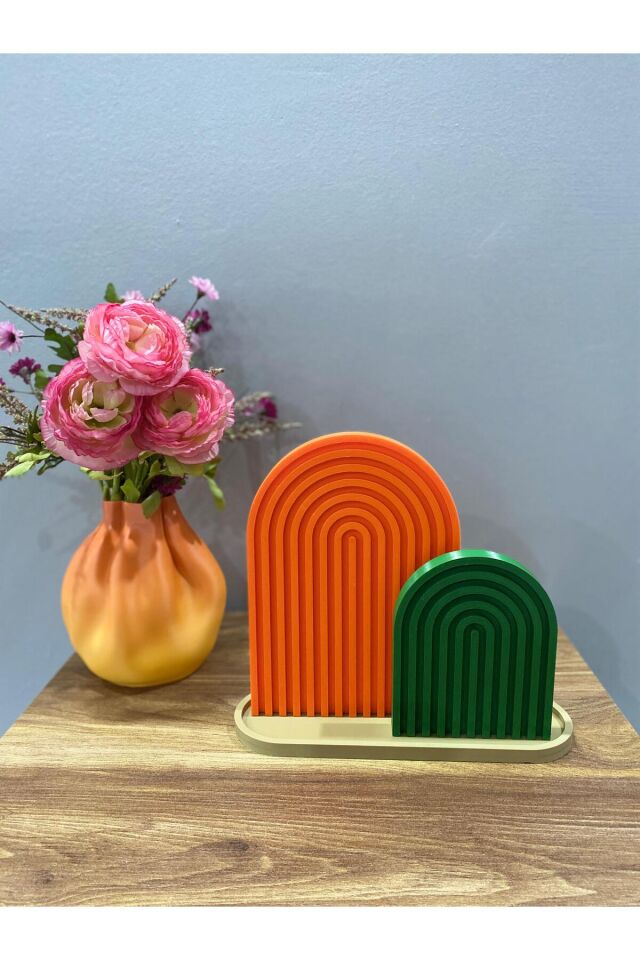 Modern Geometrik Dekoratif Biblo – 3 Parçalı ŞıkTasarım (Turuncu & Yeşil)