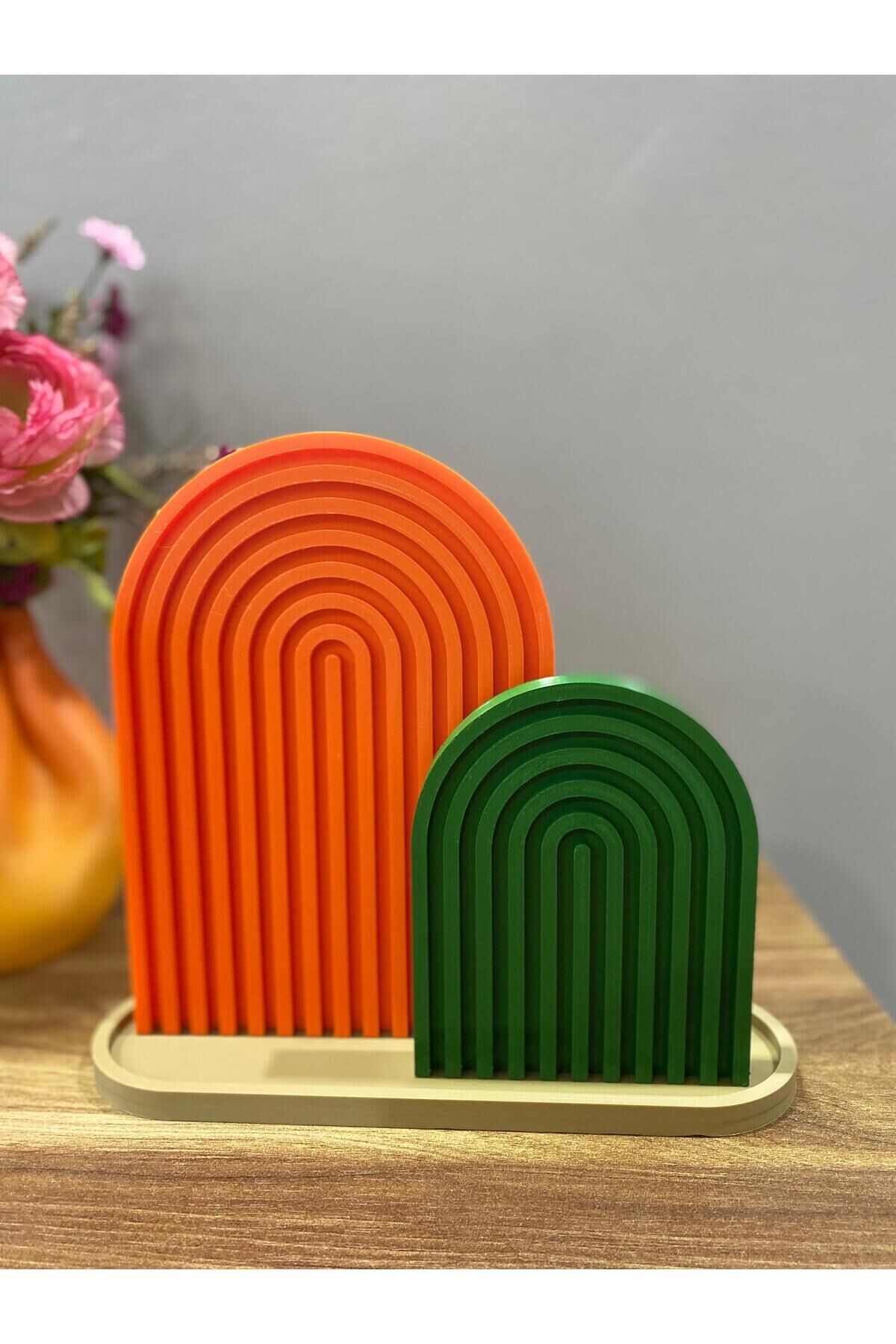 Modern Geometrik Dekoratif Biblo – 3 Parçalı ŞıkTasarım (Turuncu & Yeşil)