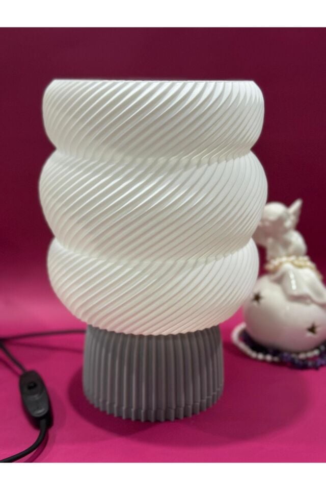 Modern Spiral Tasarımlı 3d Baskı Abajur - Beyaz & Gri